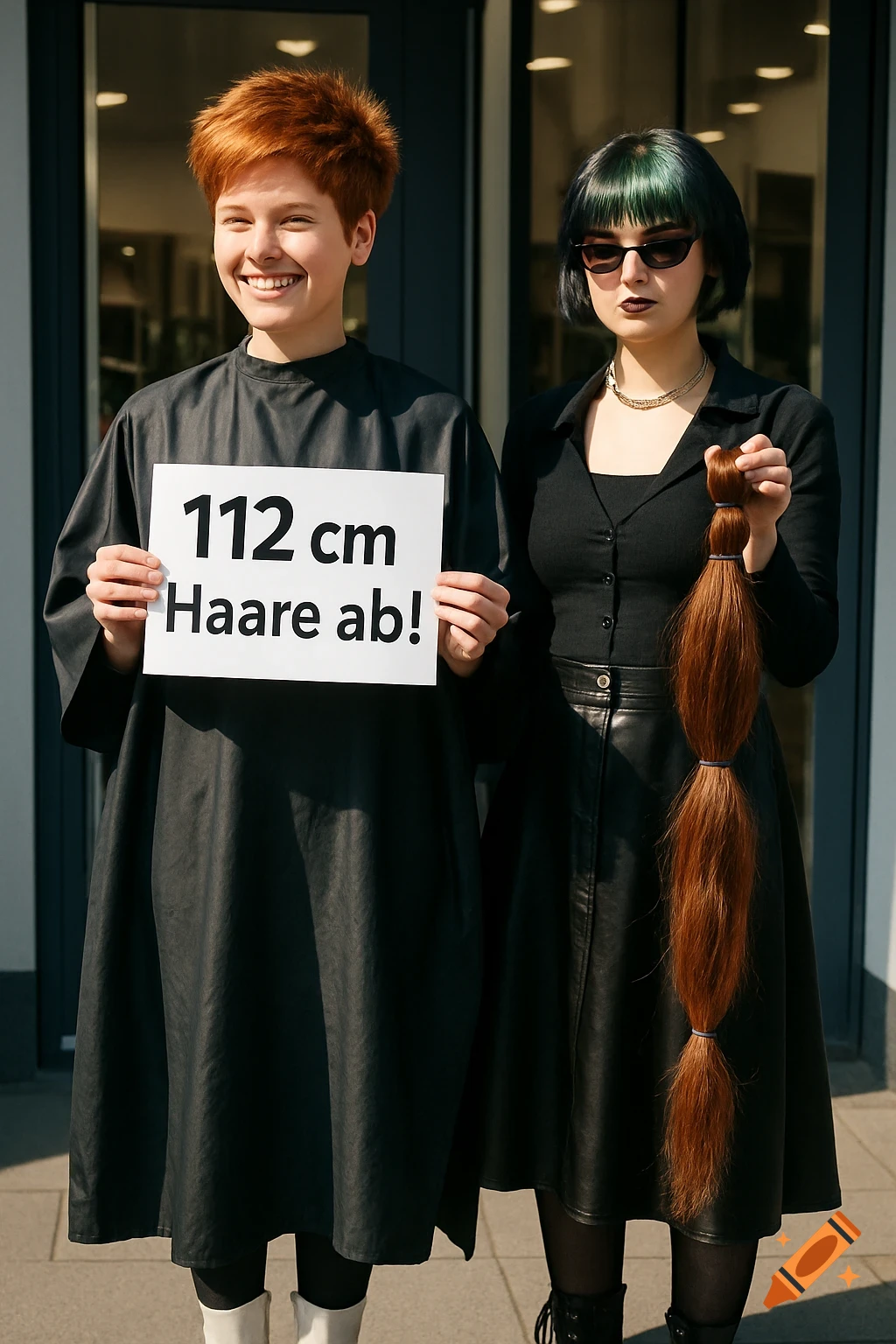 Two women outdoors; one with short red hair holds a sign '112 cm Haare ab!' and smiles. The other, with black and green hair and sunglasses, holds a long brown ponytail. Photorealistic.