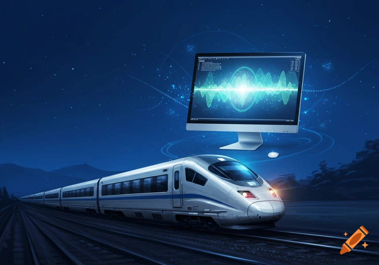 A white high-speed train on tracks in a blue night landscape, with a computer monitor displaying a bright blue waveform and digital data above it.