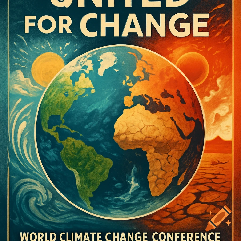 Stylized poster showing Earth split into green/blue and dry/orange halves, with text 'UNITED FOR CHANGE' and 'WORLD CLIMATE CHANGE CONFERENCE'.