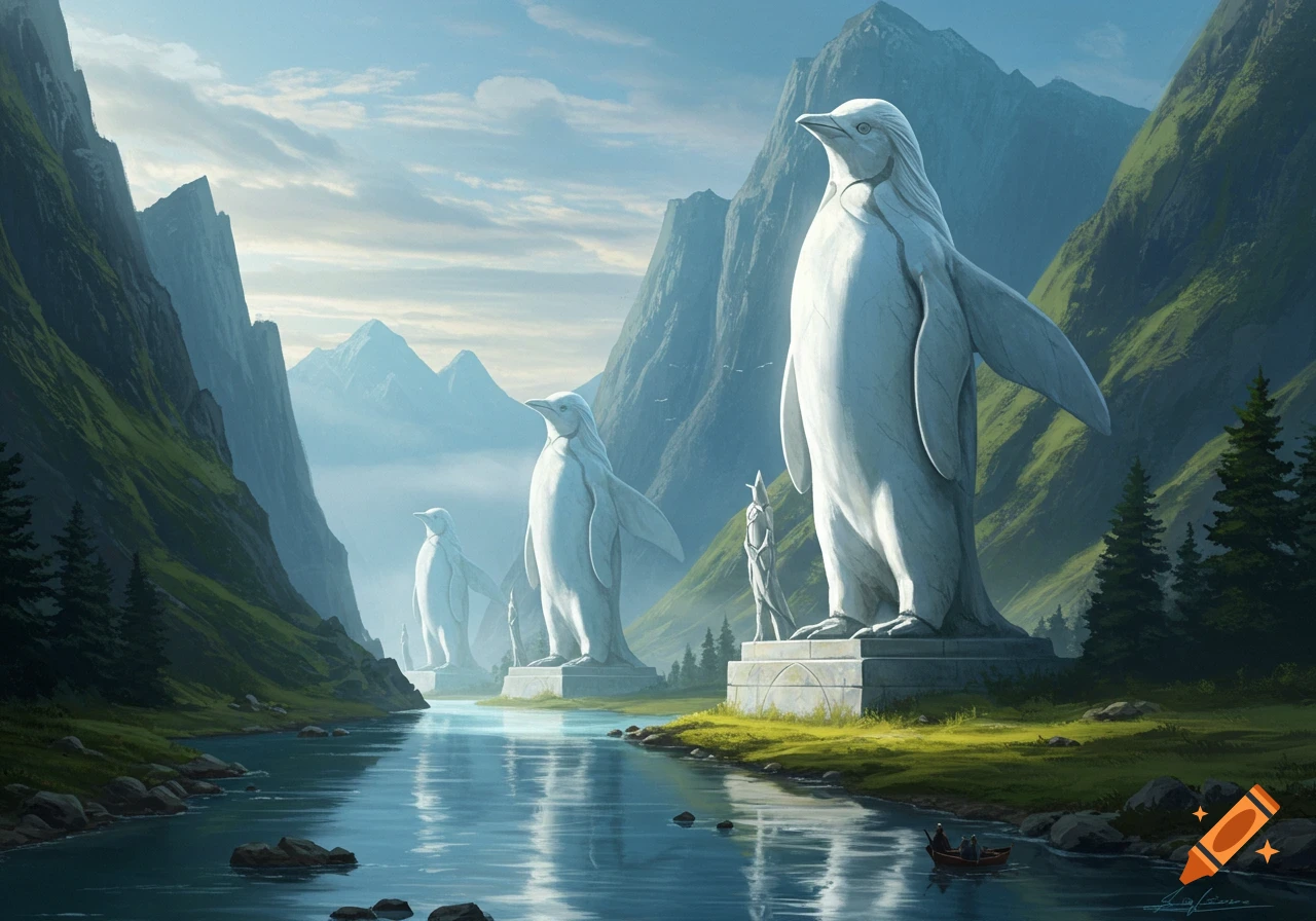 Giant white penguin statues stand along a river flowing through a green mountain valley with a small boat.