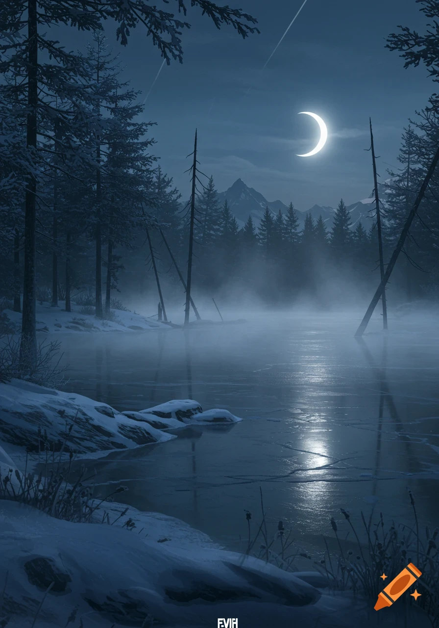 A serene winter night landscape with a crescent moon reflecting on a misty, partially frozen lake surrounded by snowy pine trees.