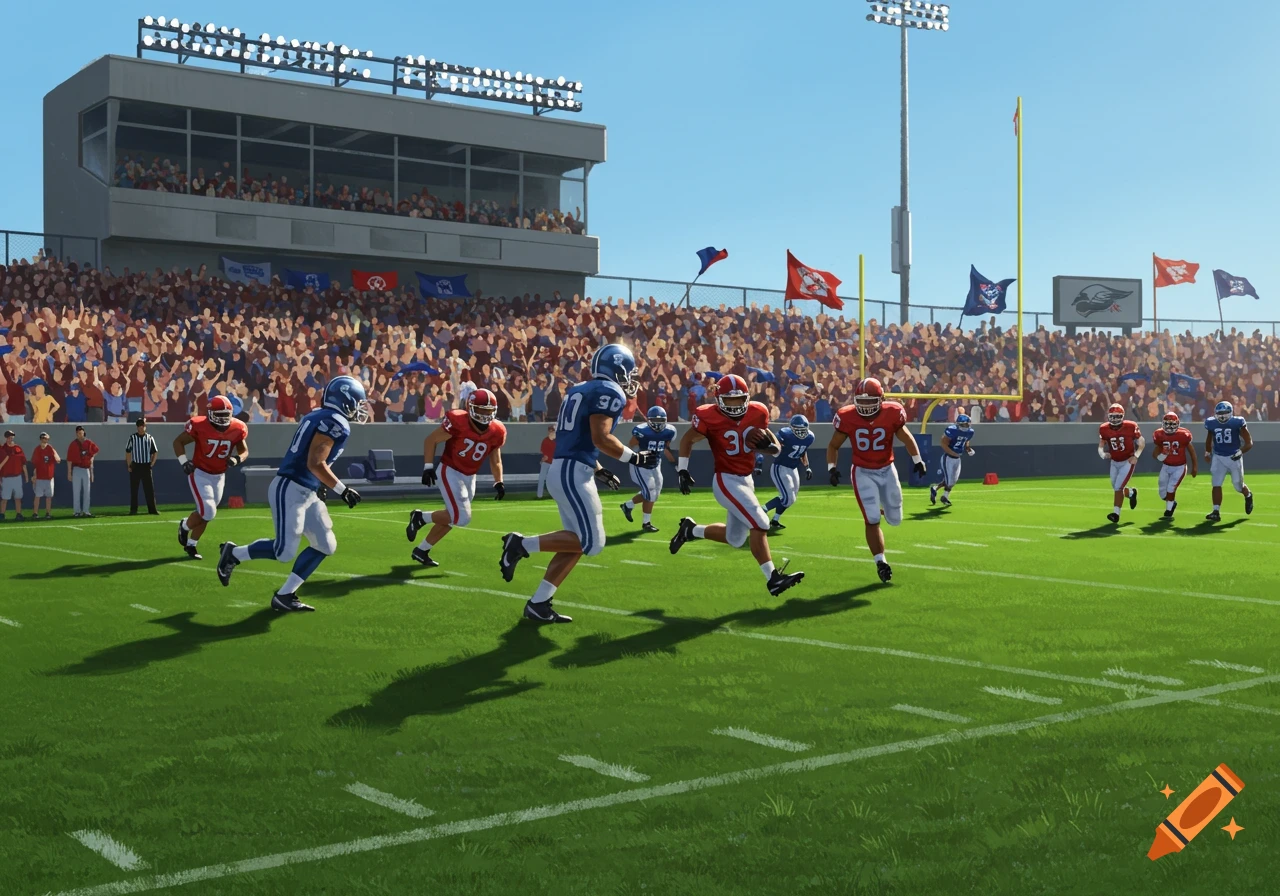 Illustration of a vibrant American football game in a stadium with many spectators under a clear blue sky.