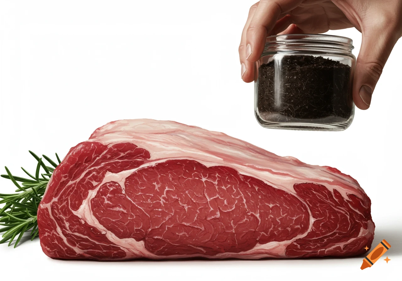 Raw beef steak with rosemary sprigs, and a hand holding a jar of dark granular seasoning, on a white background.