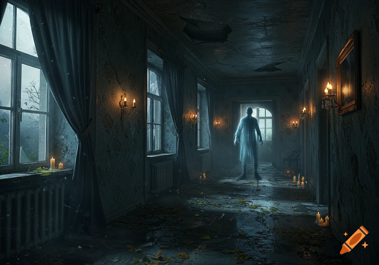 A ghostly figure glows in a dark, abandoned hallway of an old mansion, lit by candles and moonlight through broken windows.