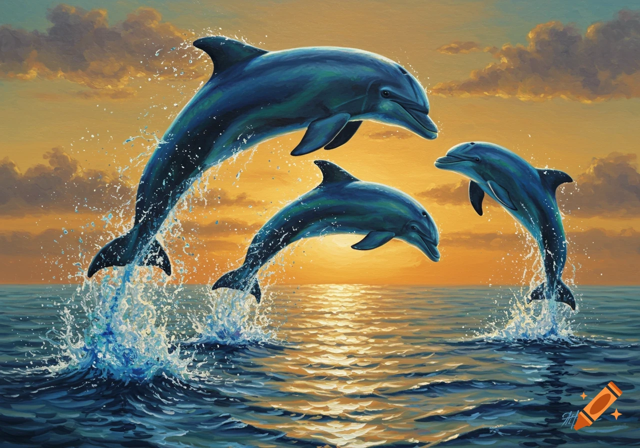 Three blue dolphins leap from an orange-tinged ocean at sunset, splashes of water around them, in a painterly style.