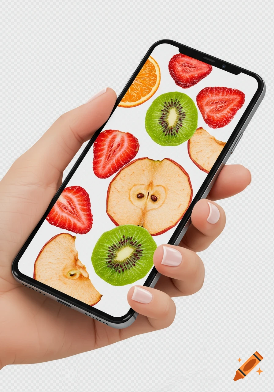 A hand holding a smartphone displaying photorealistic sliced fruit on its screen with a transparent background.