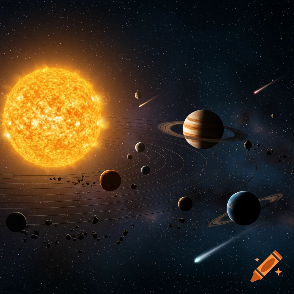 A vibrant solar system with a bright sun, multiple planets, rings, asteroids, and comets in a star-filled cosmos.
