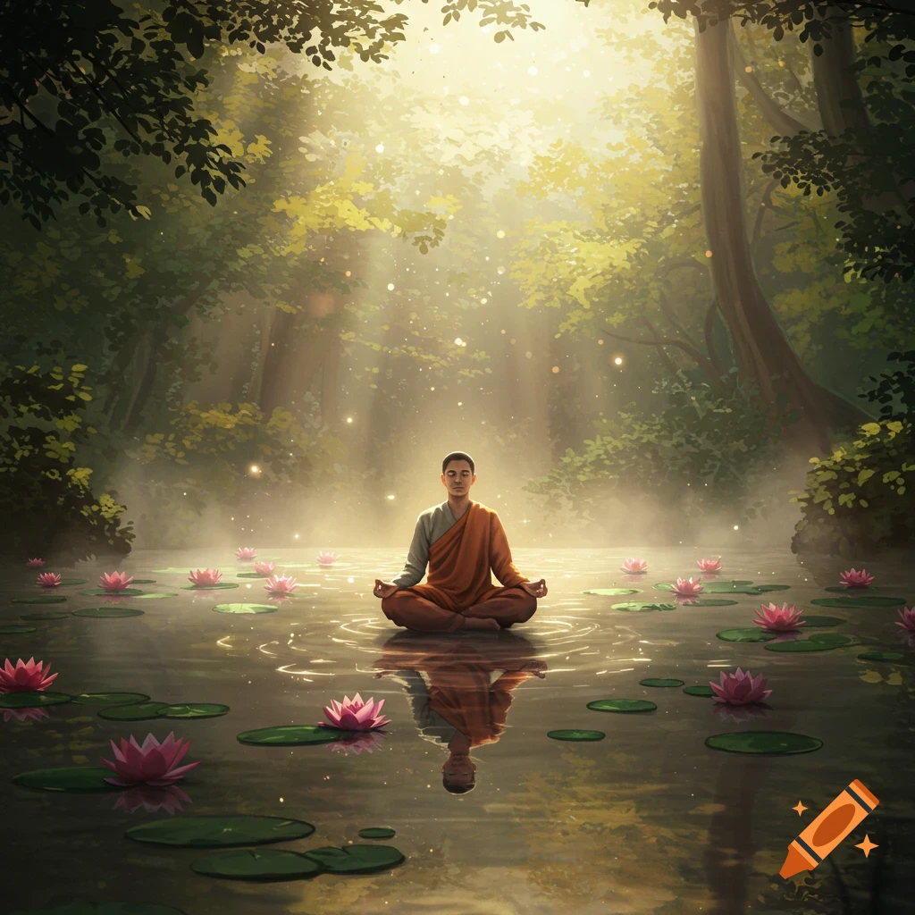 Digital painting of a person in monk's robes meditating on still water, surrounded by pink water lilies. Golden light streams through a forest.