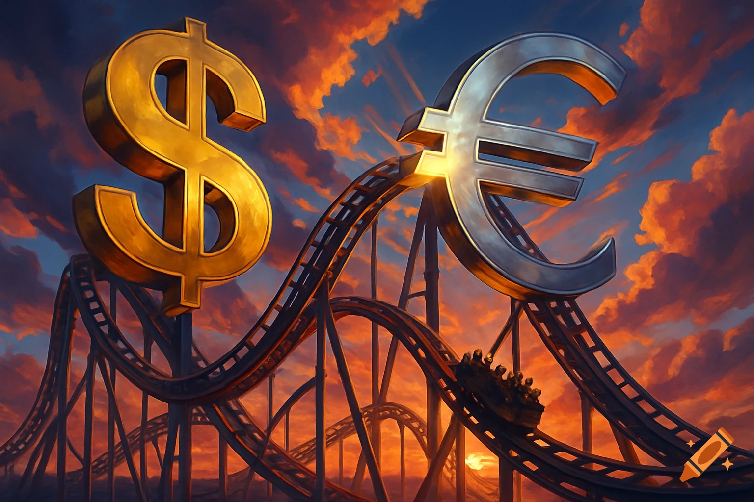 Golden dollar and silver euro signs on a rollercoaster track under a dramatic sunset sky, with a moving rollercoaster car. Digital art.