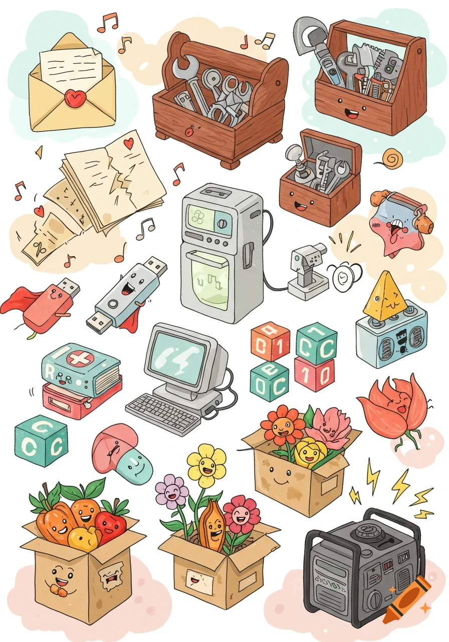 A cartoon-style collection of various objects including an envelope, toolbox, medical book, USB drives, computer, cubes, flowers, food boxes, and a portable generator, all with friendly faces and musical notes. The style is cute and whimsical.