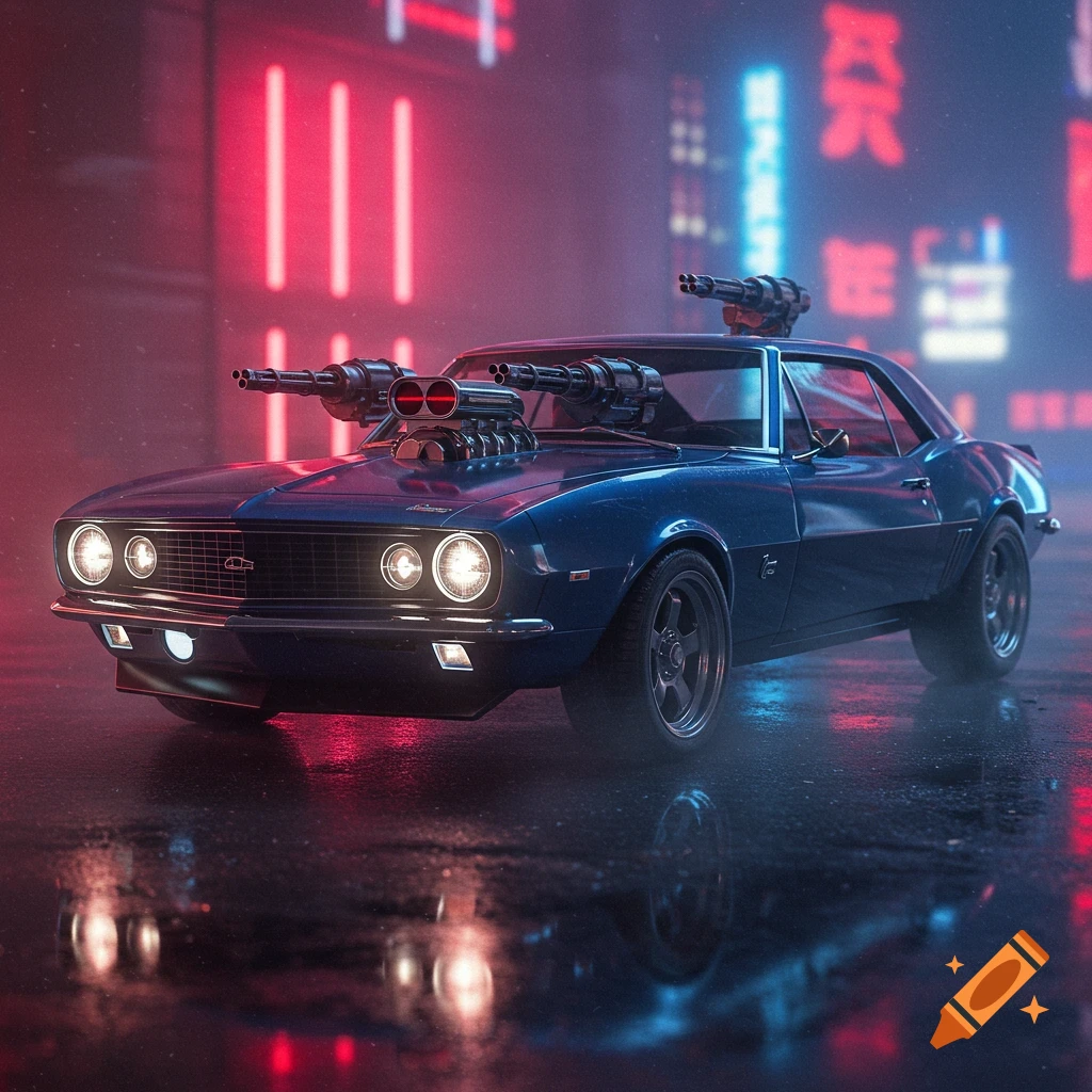 A dark blue 1968 Chevy Camaro with gatling guns on the hood and roof, parked on a wet street at night with neon lights reflecting.