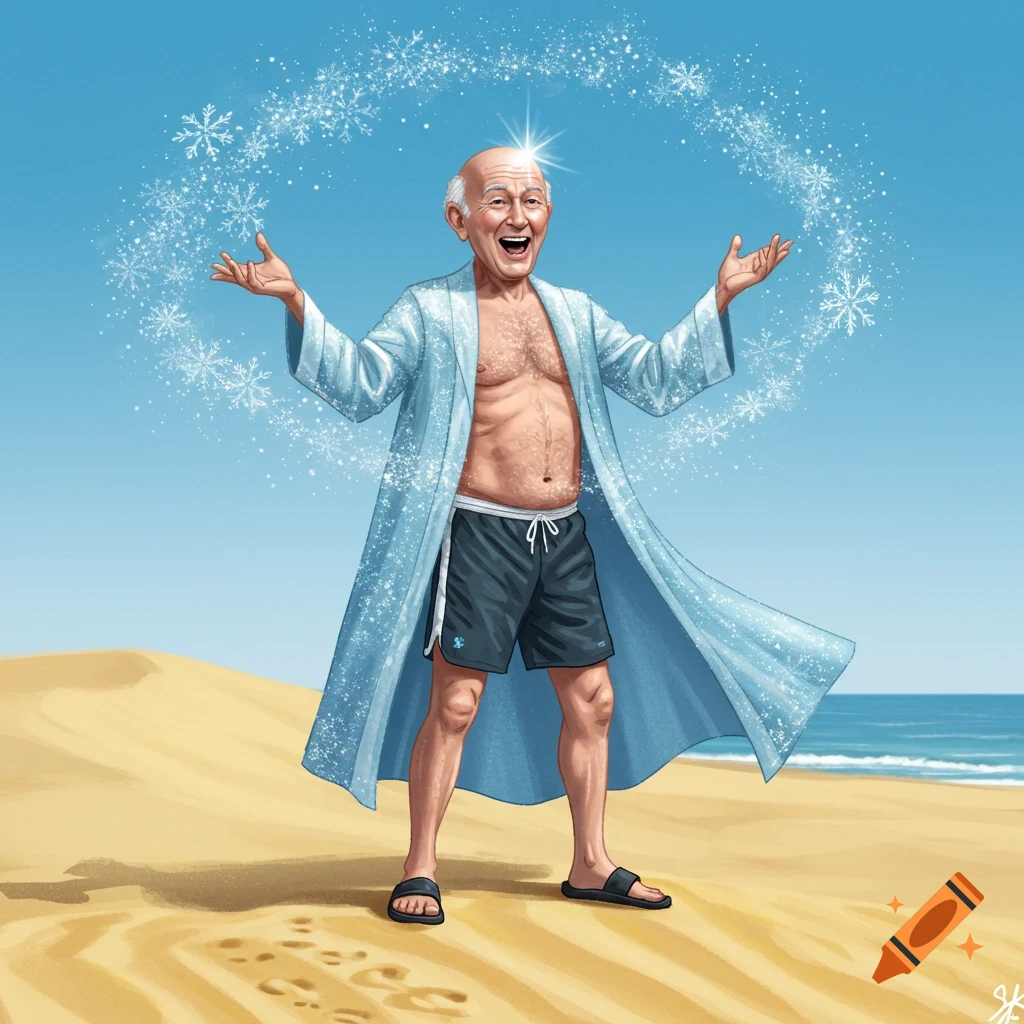 Bald old man in a blue robe and swim shorts on a sunny beach, magically surrounded by sparkling snowflakes. Illustration.