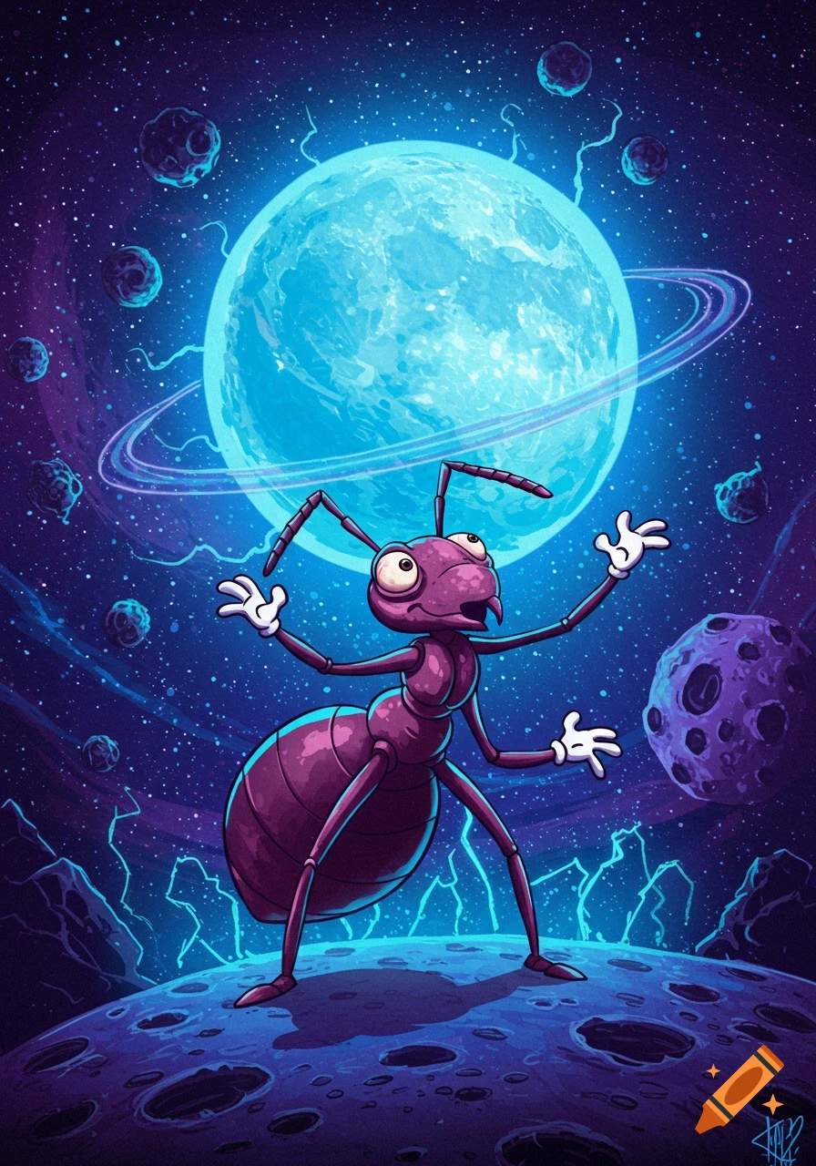 A whimsical purple cartoon ant with white gloves stands on a moon, with a large blue planet and smaller celestial bodies in space.