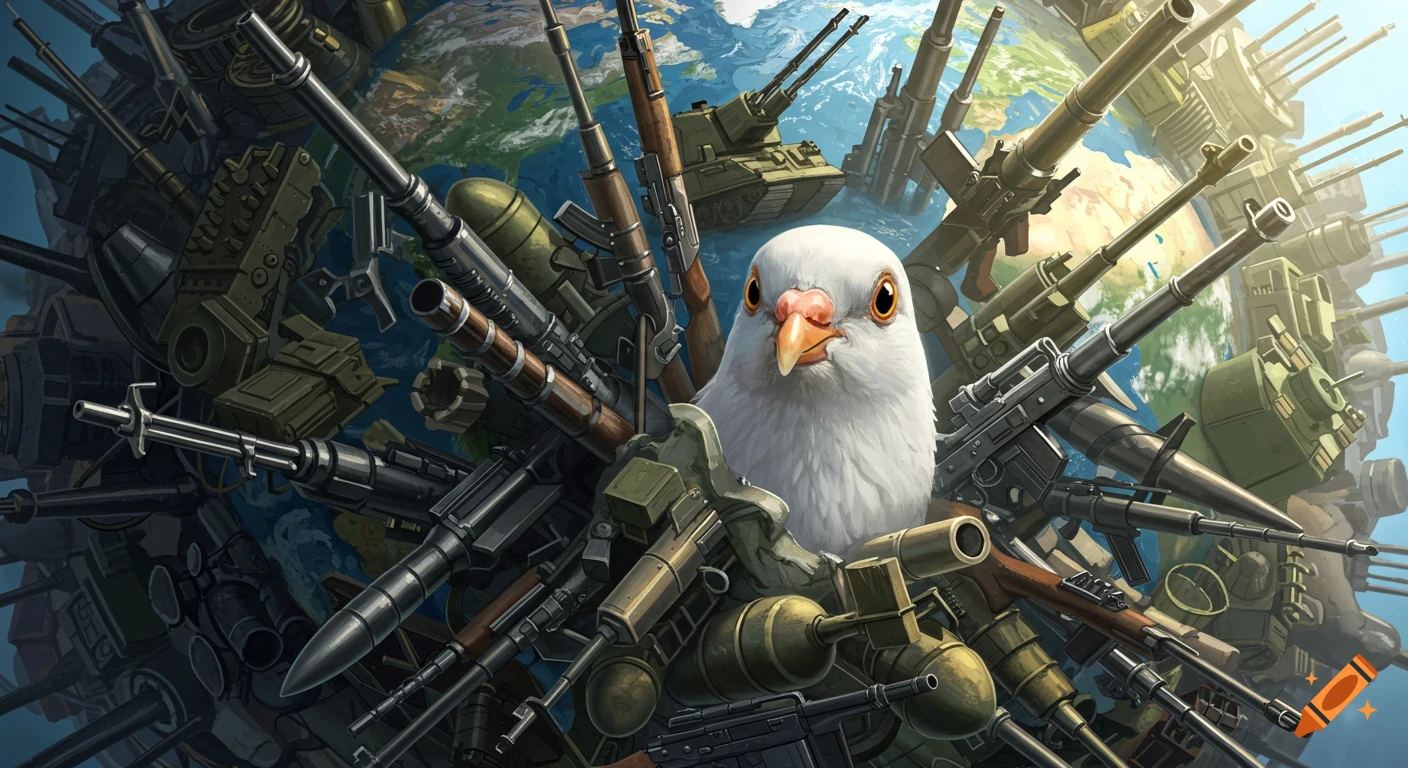 A white dove's head emerges from a globe covered in a dense pile of weapons like rifles, tanks, and missiles, in a vibrant illustration.