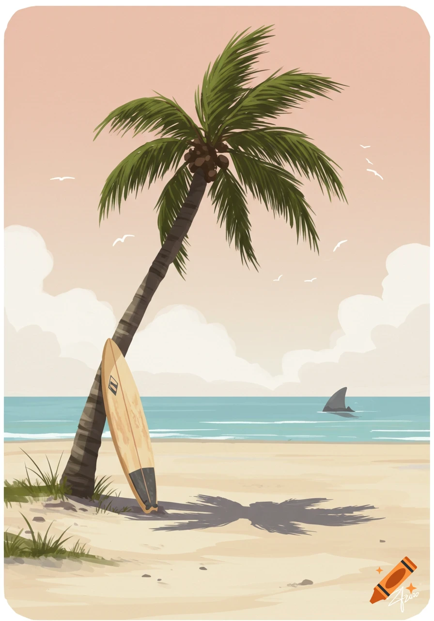 Illustration of a tropical beach with a palm tree, surfboard, ocean, and a shark fin visible in the water, in muted colors.