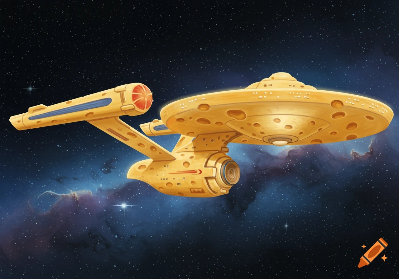 A stylized USS Enterprise D spaceship made entirely of cheese, flying through a starry outer space with a nebula in the background.