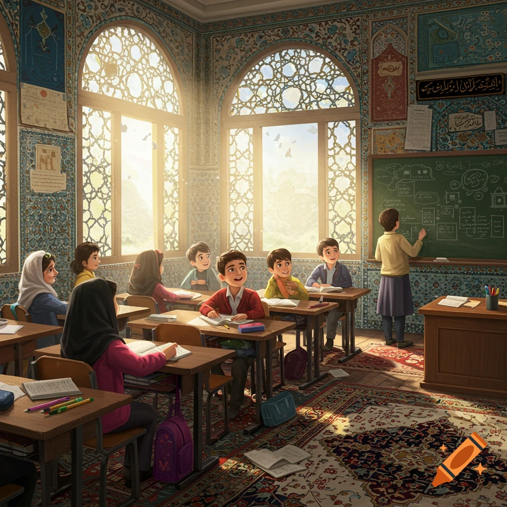 Children in a bright, ornate Iranian classroom with a teacher writing on a blackboard, in a cartoonish style.
