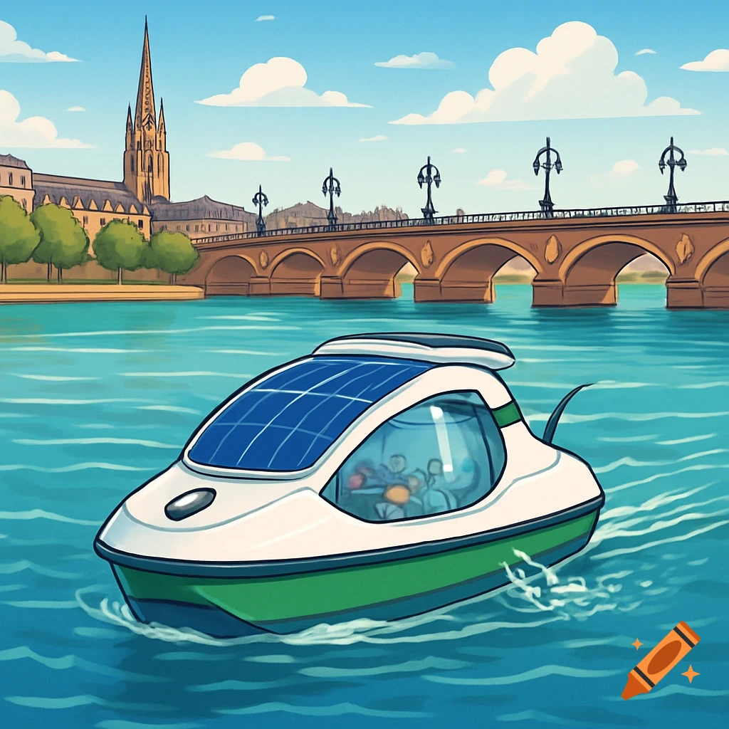 A futuristic solar-powered boat floats on the Garonne River in Bordeaux, with a city and arched bridge in the background, in a colorful cartoon illustration style.