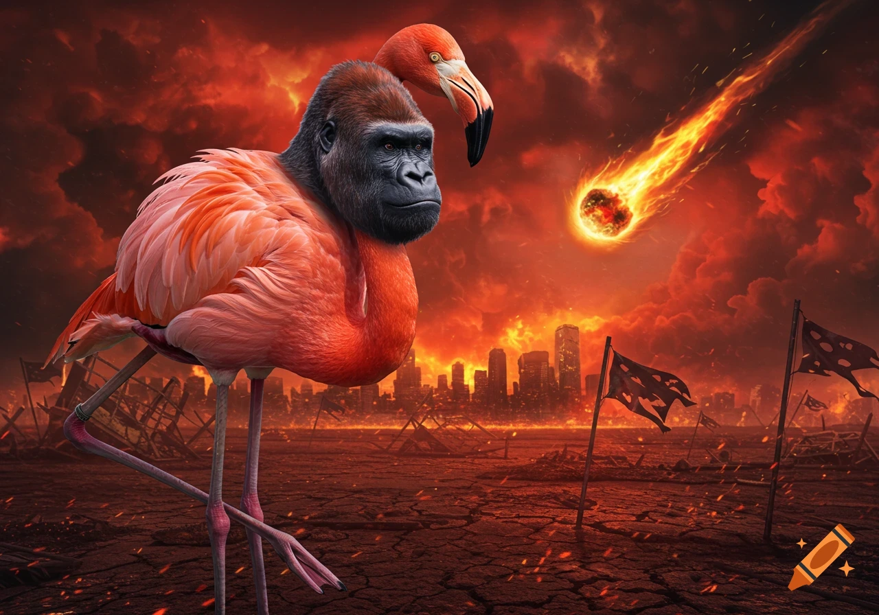 Gorilla head on a flamingo body stands in a fiery apocalyptic city under a meteor shower.