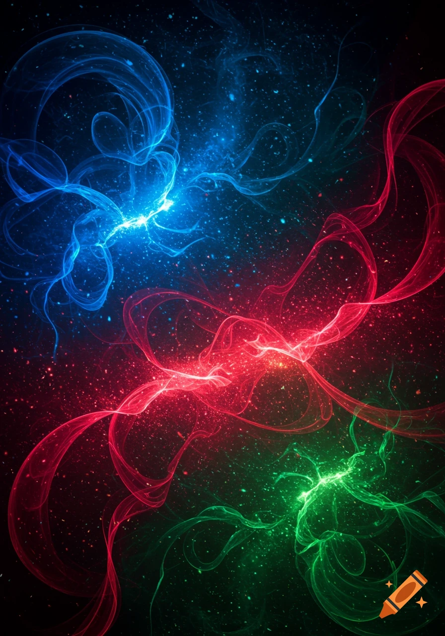 Abstract swirling light trails in blue, red, and green against a dark, starry background.