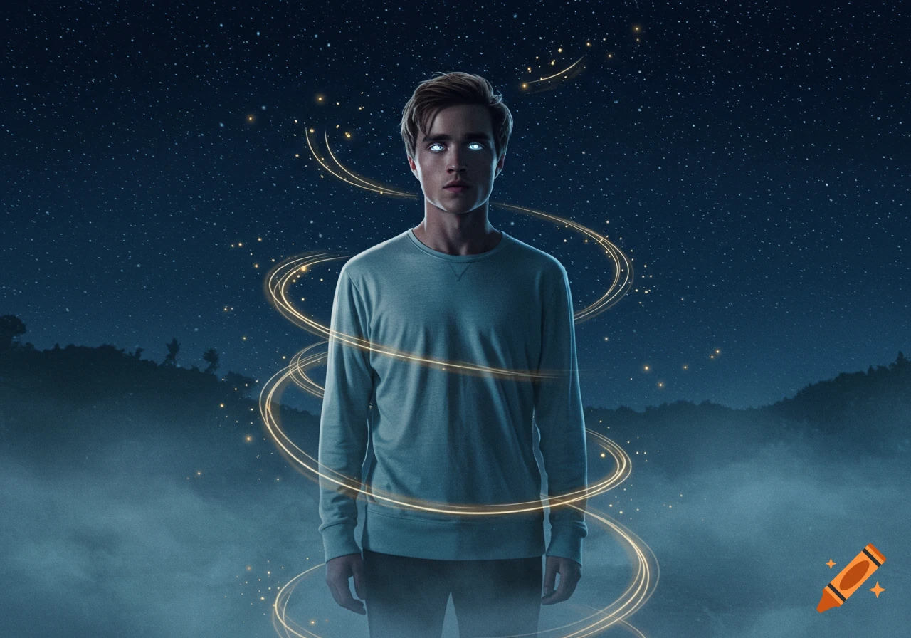 Young man with glowing eyes stands in a misty landscape under a starry night sky, surrounded by golden light trails.