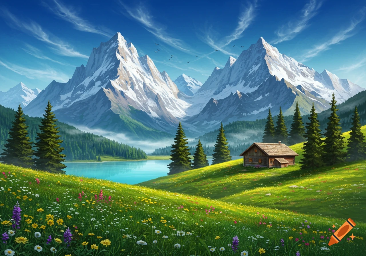 Vibrant alpine landscape with snow-capped mountains, a blue lake, evergreen trees, a rustic cabin, and a colorful wildflower meadow.