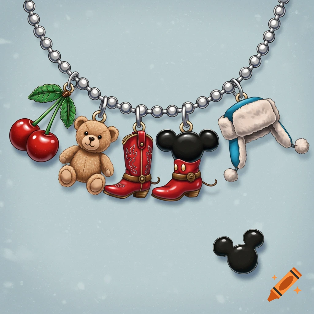 A stylized silver charm necklace with charms: cherries, teddy bear, red cowboy boot, Mickey Mouse shoe, blue ushanka hat. An extra Mickey head charm.