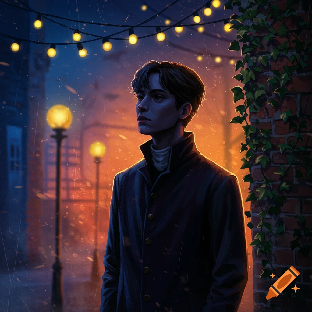 Digital art portrait of a young man in a dark coat, looking left on a rainy street with string lights and lampposts.