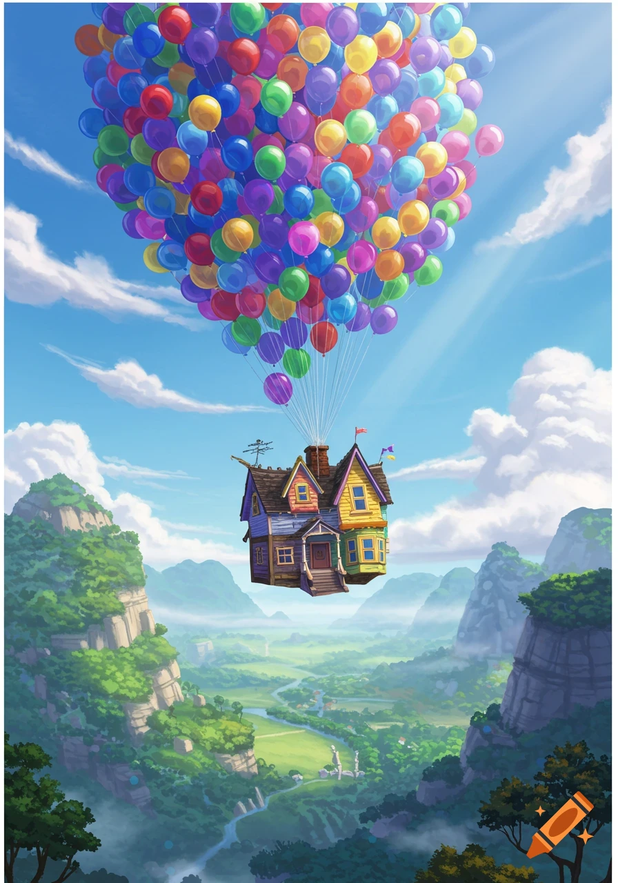 A colorful cartoon house, lifted by hundreds of balloons, floats over a vibrant green valley and majestic mountains under a blue sky.