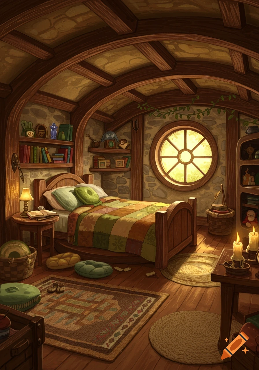 A cozy, whimsical hobbit-style bedroom illustration with wooden beams, stone walls, a round window, a bed with a patchwork quilt, and glowing candles.