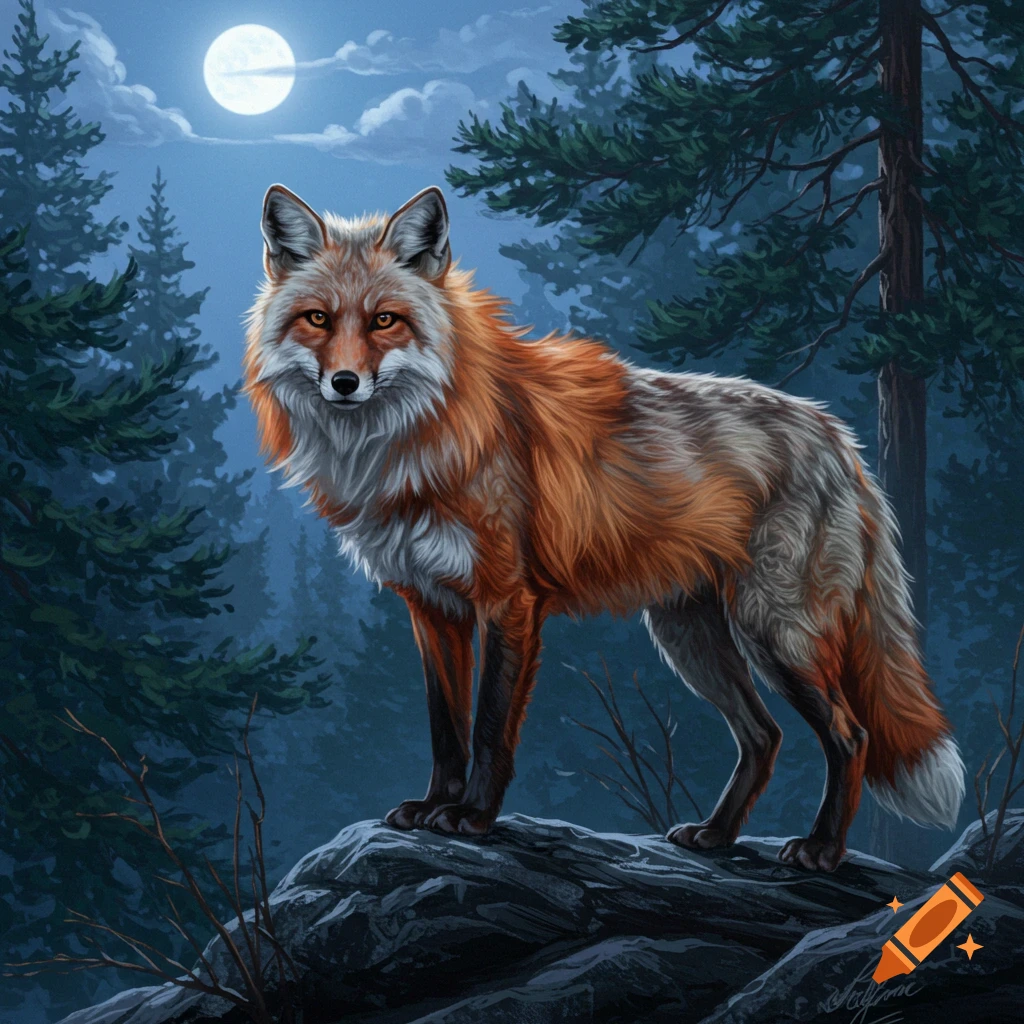A detailed digital painting of a fox-like creature with orange and white fur standing on rocks in a moonlit forest.