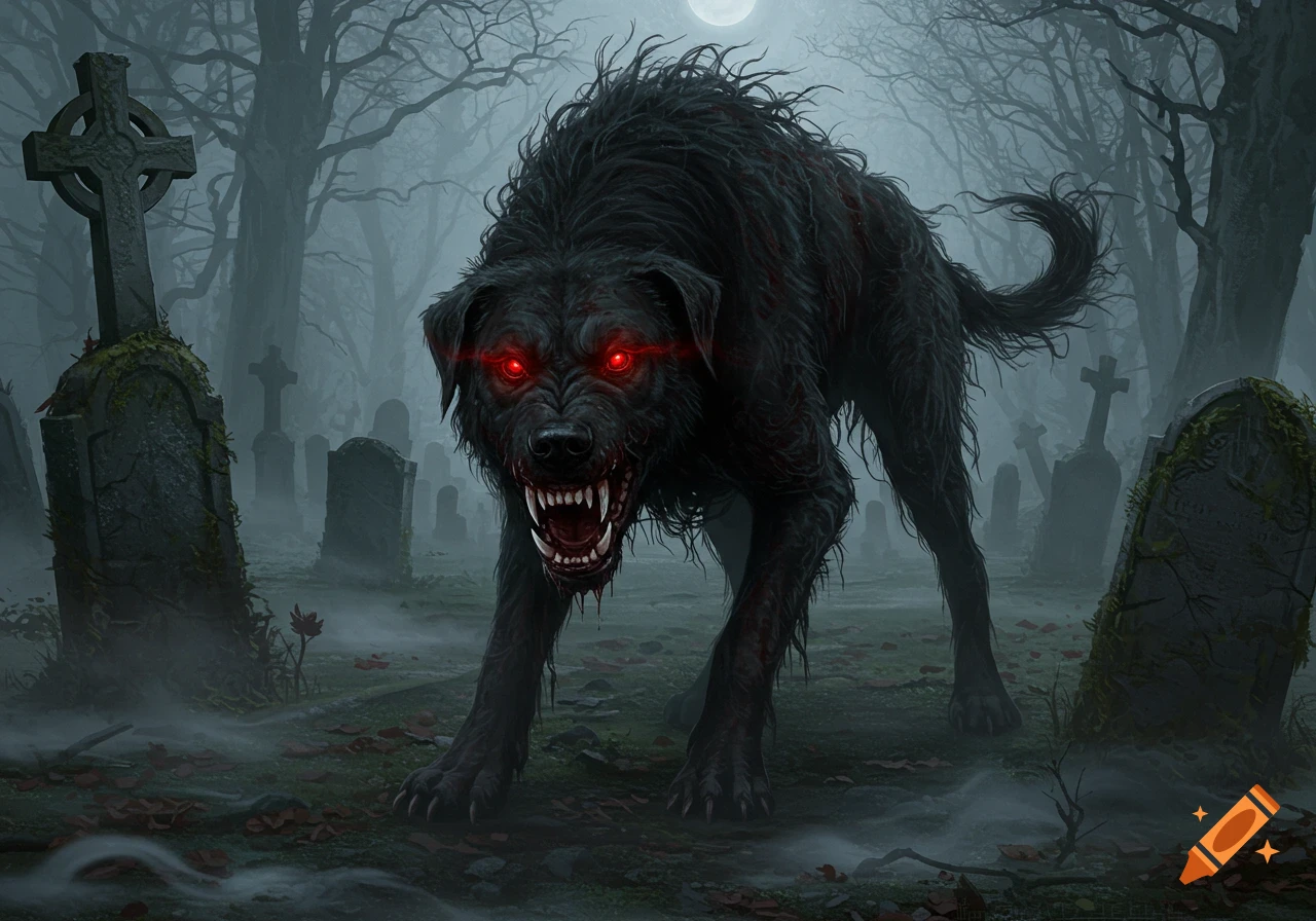 A monstrous black dog with glowing red eyes and bared fangs stalks through a foggy graveyard under a full moon, dark fantasy art.