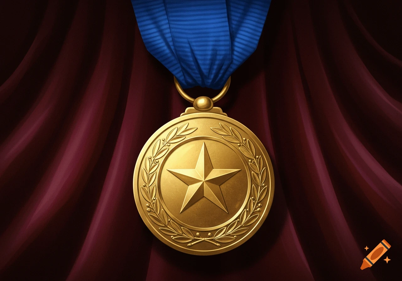 A shiny gold medal with a central star and laurel wreath hangs from a blue ribbon against a dark red draped fabric.