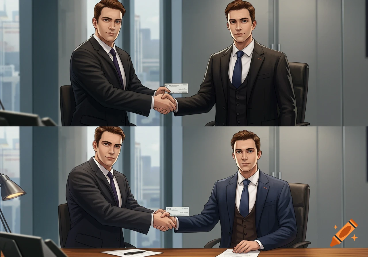 Cartoon illustration of two men in suits shaking hands across a desk in an office setting, with one passing a check.