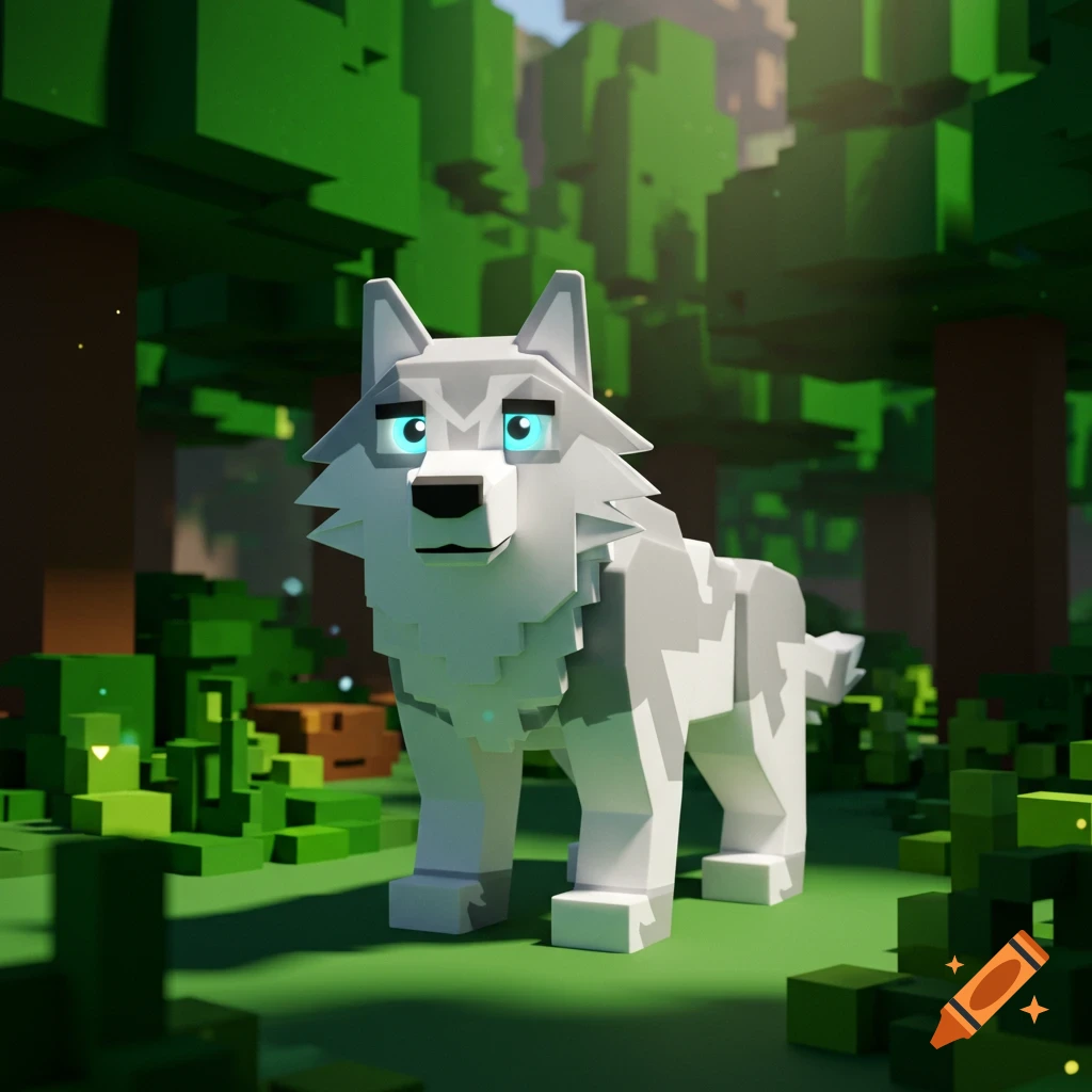 A blocky, stylized wolf with bright blue eyes stands in a vibrant green blocky forest, resembling Roblox art.