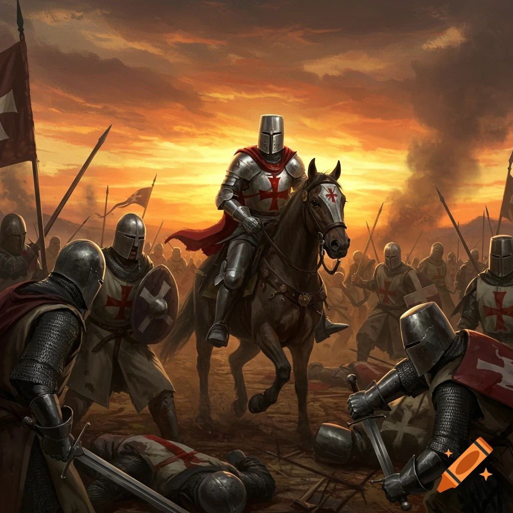 A medieval knight on horseback leads other armored knights into battle at sunset.