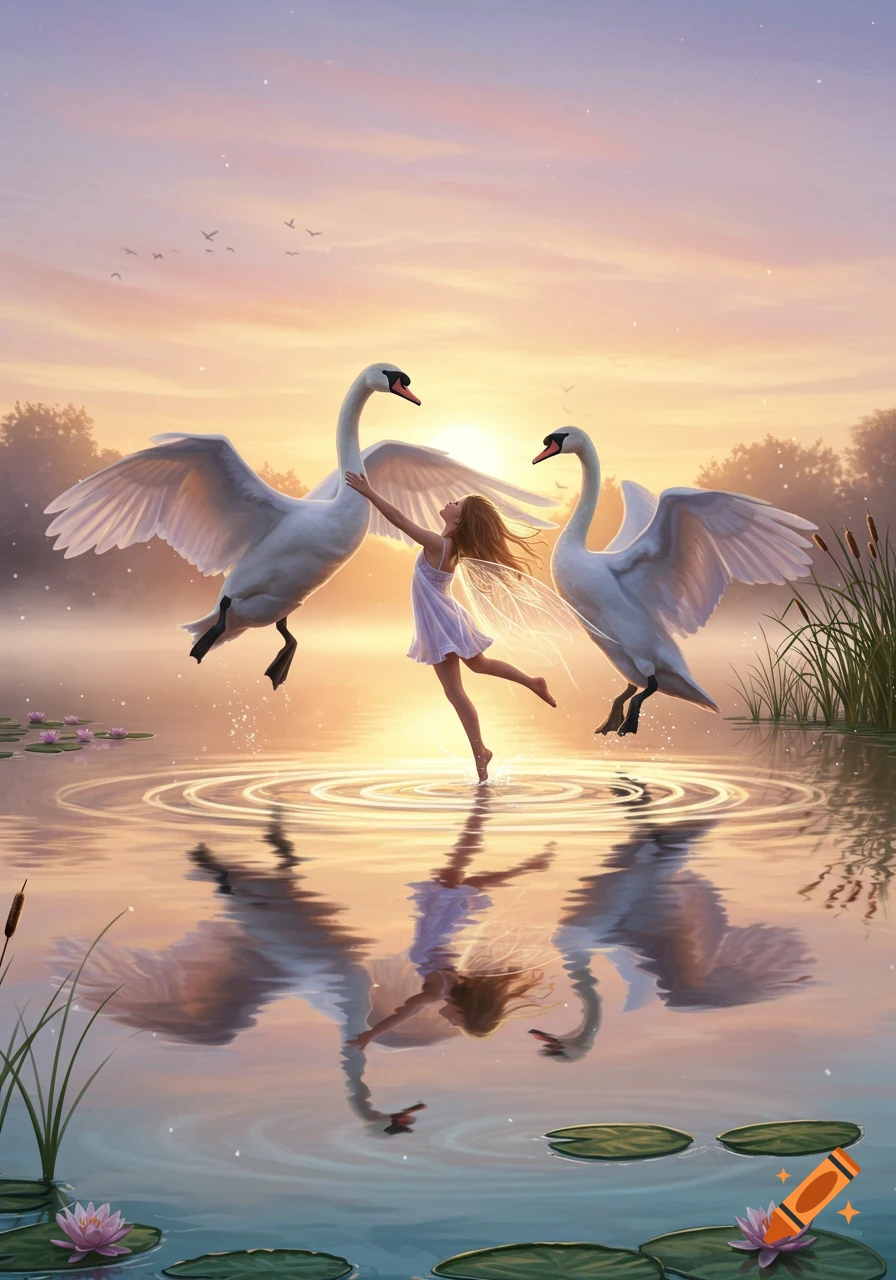A whimsical illustration of a winged fairy girl dancing on water, embraced by two majestic swans at sunset.