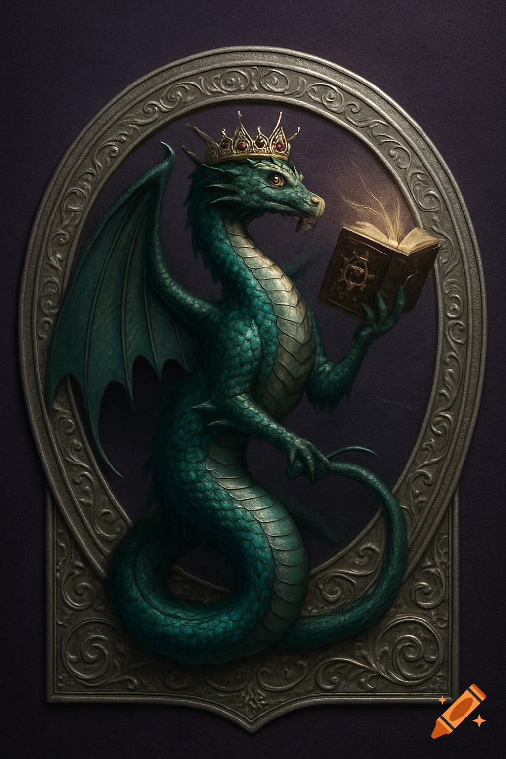 A detailed illustration of a teal-green serpentine dragon wearing a golden crown, holding a glowing open grimoire within an ornate silver oval frame.