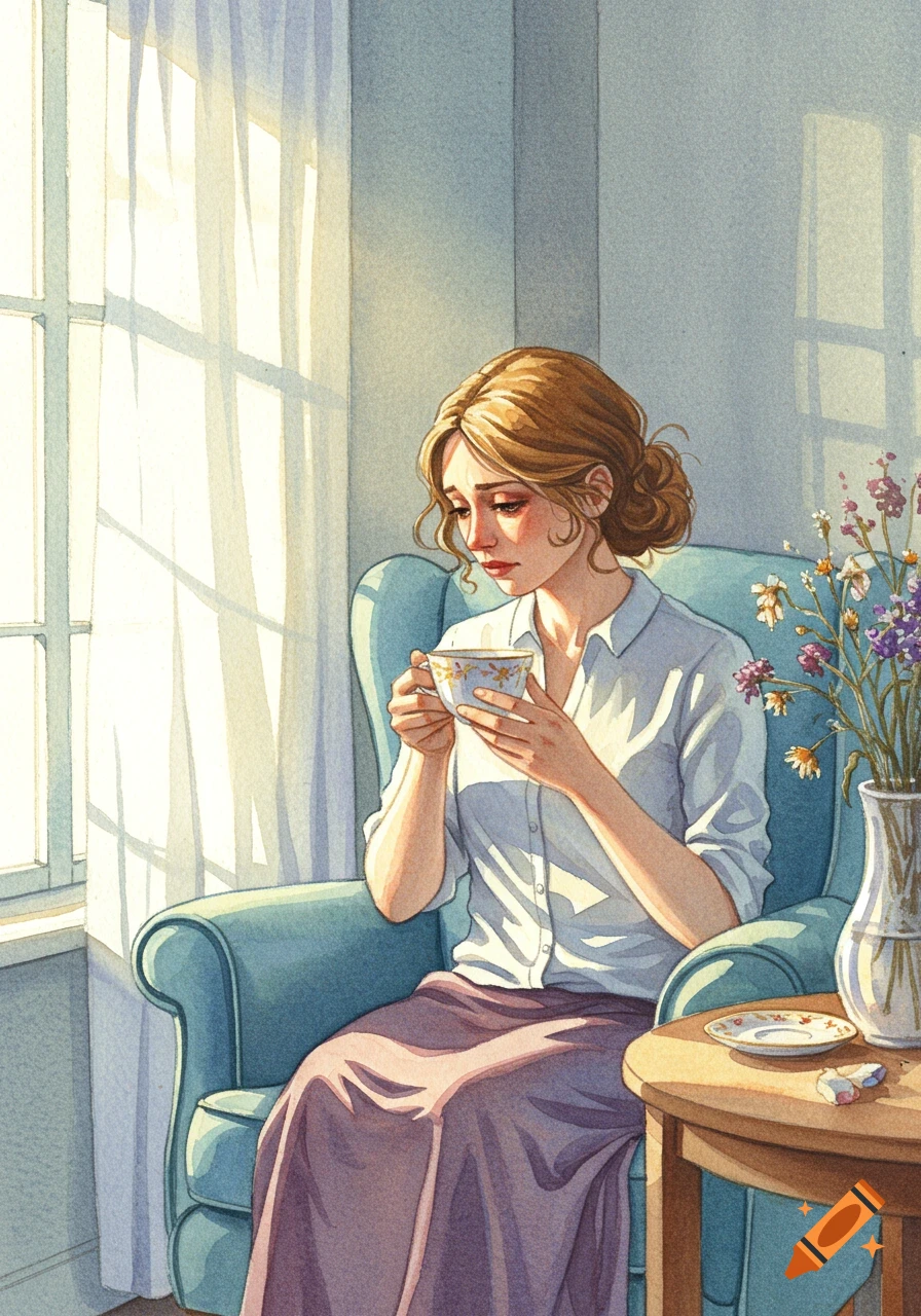 A watercolor illustration of a pensive woman with brown hair sitting in a blue armchair by a sunlit window, holding a teacup.