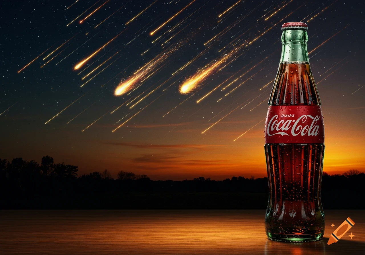 A condensation-covered Coca-Cola bottle on a wooden surface against a dramatic meteor shower in a night sky with a sunset horizon.