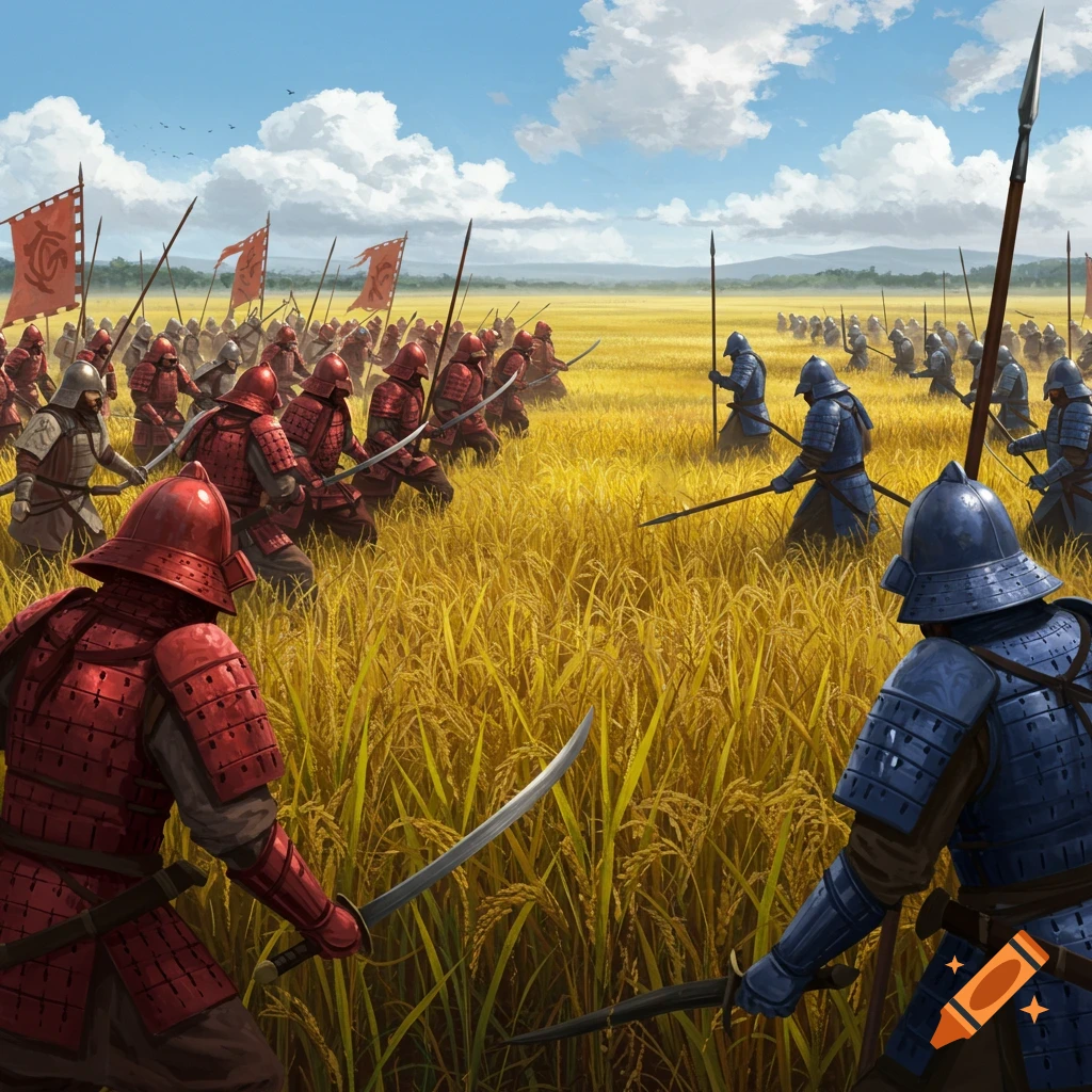 Red and blue armored samurai armies face off in a golden rice field under a cloudy sky, digital painting.