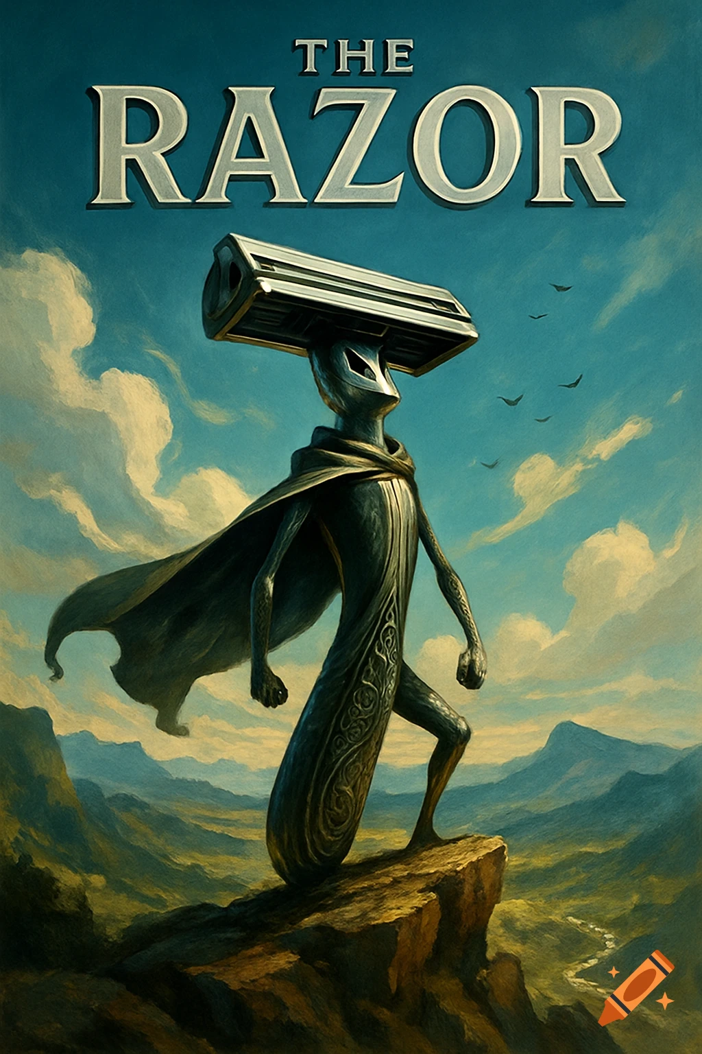 A dramatic painting of a razor-headed humanoid figure in a cape on a cliff overlooking mountains, titled 'THE RAZOR'.