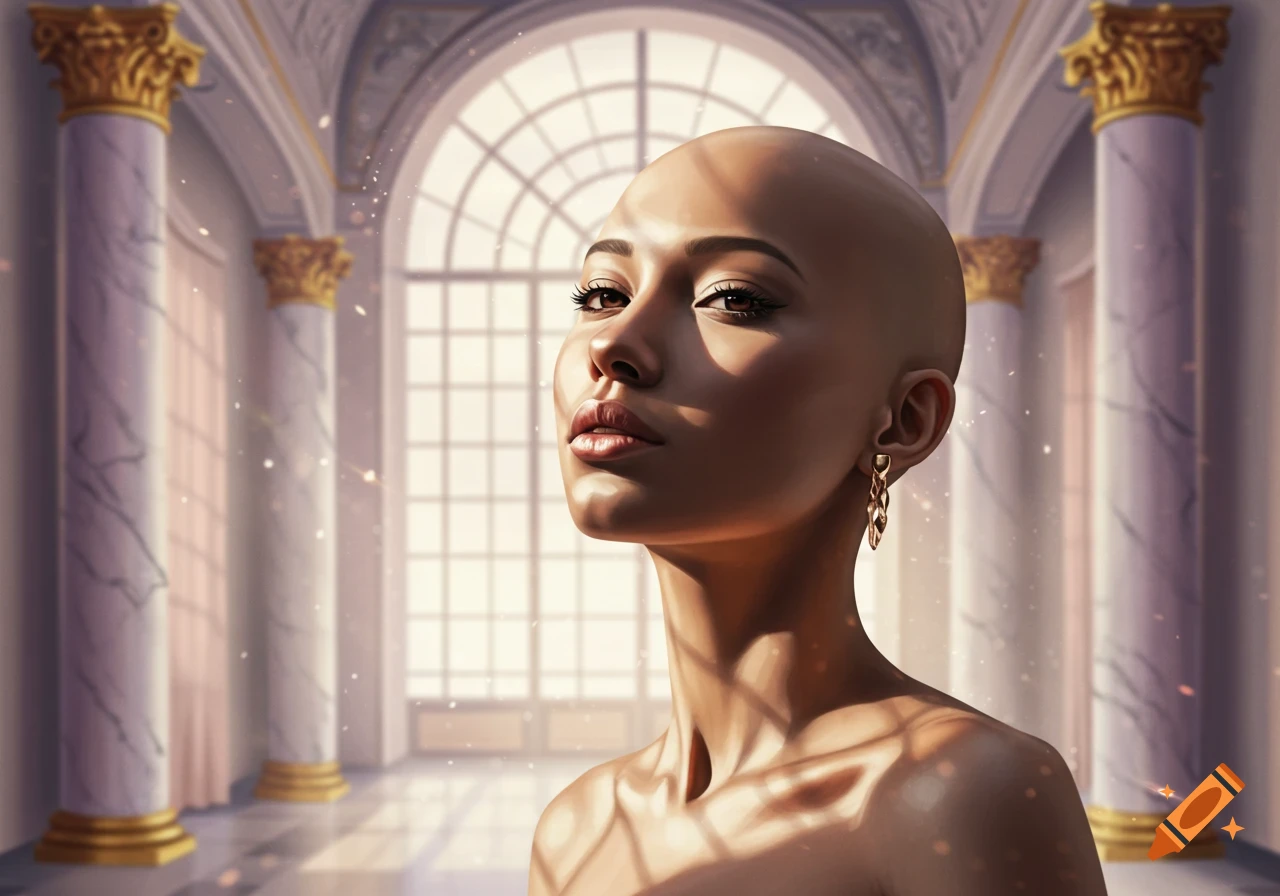 A striking portrait of a bald woman with prominent cheekbones, wearing golden earrings, in an elegant classical hall with arched windows and columns.