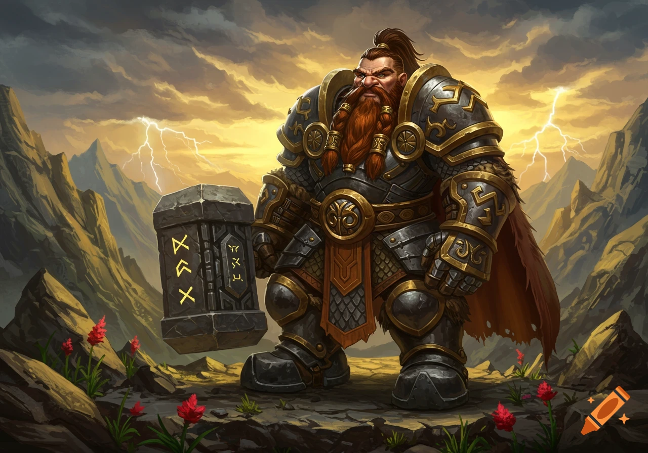 A fierce dwarf paladin in ornate armor holds a large stone hammer with runes, standing in a mountain landscape with lightning.