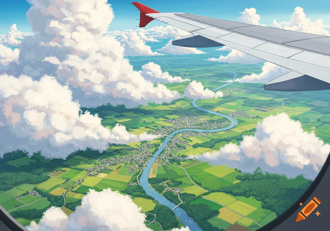Anime style aerial view from a plane window showing green fields, a winding river, small towns, and scattered white clouds.