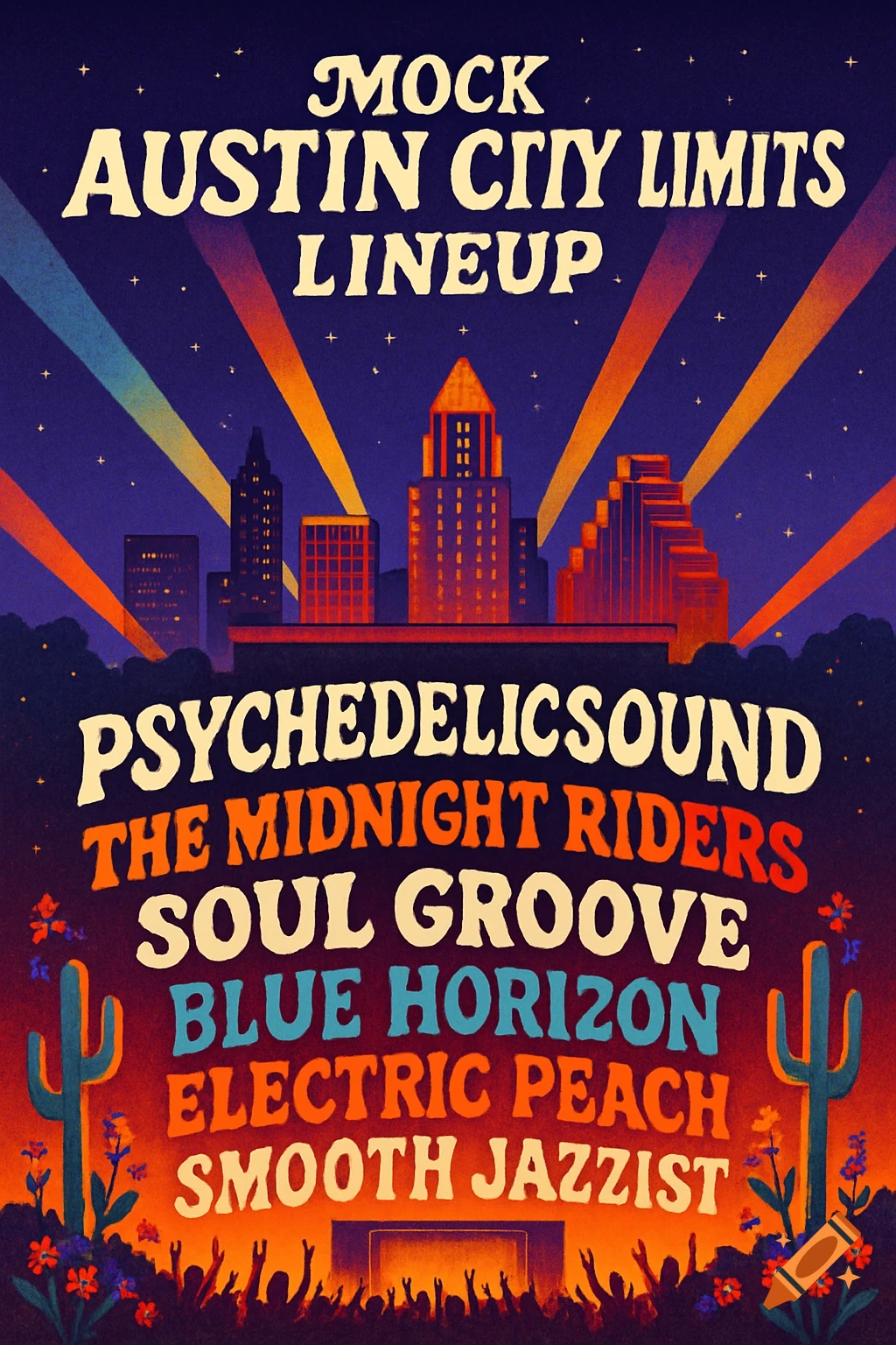 A retro-style music festival poster for "Mock Austin City Limits Lineup" with a city skyline, stage lights, a crowd, and cacti.