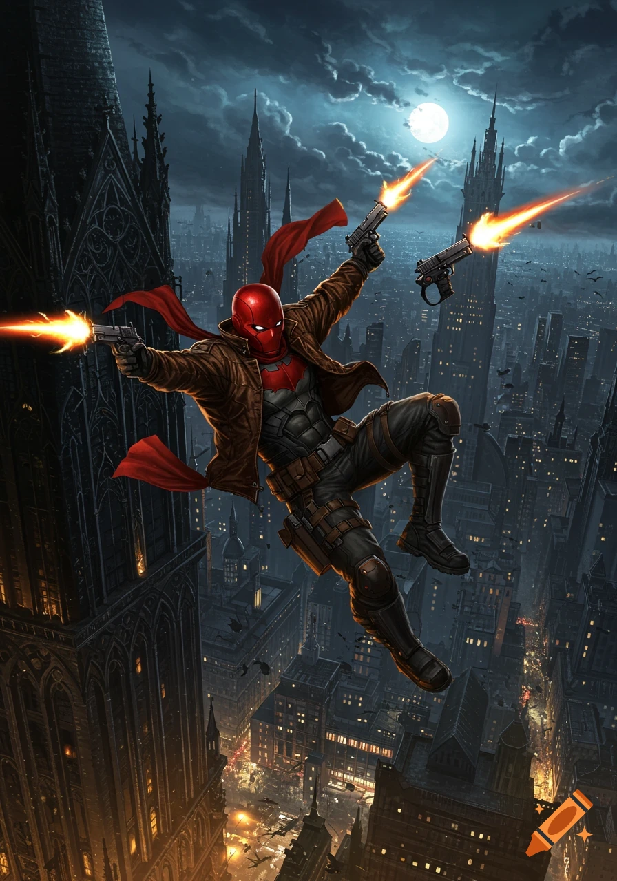 Red Hood, in comic book art style, falls backwards from a gothic skyscraper, firing two guns in a dark city under a full moon.