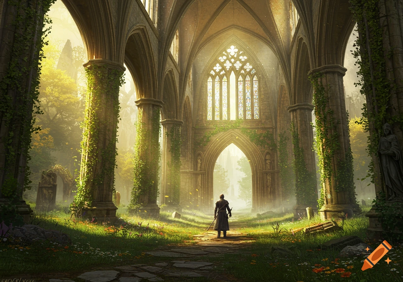 A lone figure stands in the sunlit ruins of an ancient, ivy-covered gothic cathedral with stained glass windows.