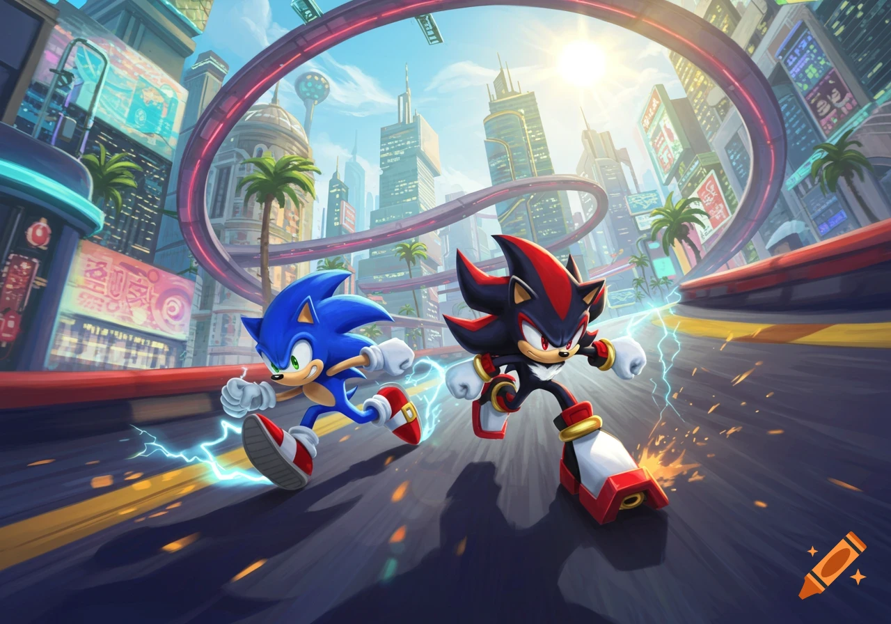 Sonic and Shadow race through a vibrant futuristic city with high-rise buildings and elevated tracks under a bright sky.