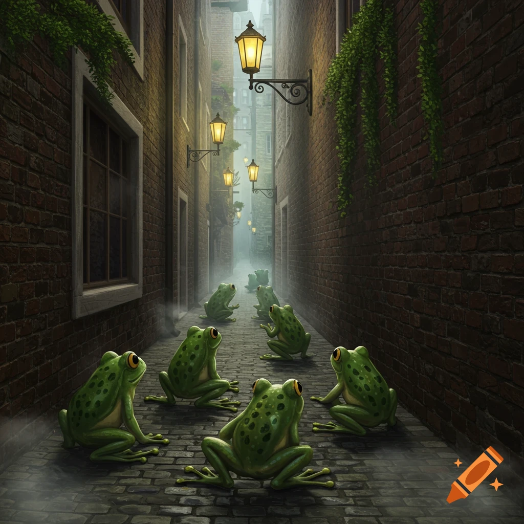 Numerous green frogs sit on a wet cobblestone alley floor under glowing street lamps, with brick buildings lining the foggy path.